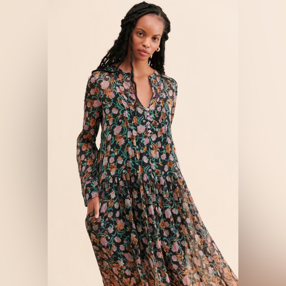 Free People Black Floral Maxi Dress with Green and Rust Accents - Picture 3 of 10